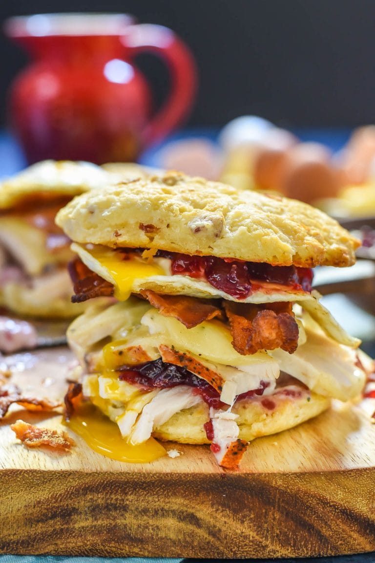 Leftover Turkey, Bacon, and Egg Breakfast Sandwich with Cranberry Mayo