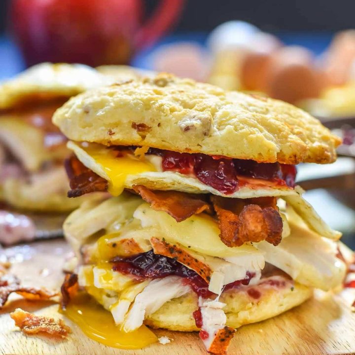 Got Thanksgiving leftovers? Use them up in this epic Turkey Egg and Bacon Breakfast Sandwich with Cranberry Mayo.