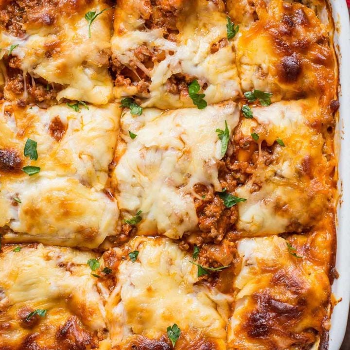 Everyone will LOVE this Cottage Cheese Lasagna loaded with Italian sausage, ground beef, tomato sauce, and three cheeses. It's rich, creamy, meaty, and the ultimate comfort food!