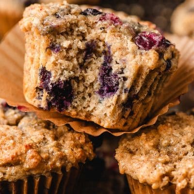 Blueberry Oatmeal Muffin with a bite taken out of it.