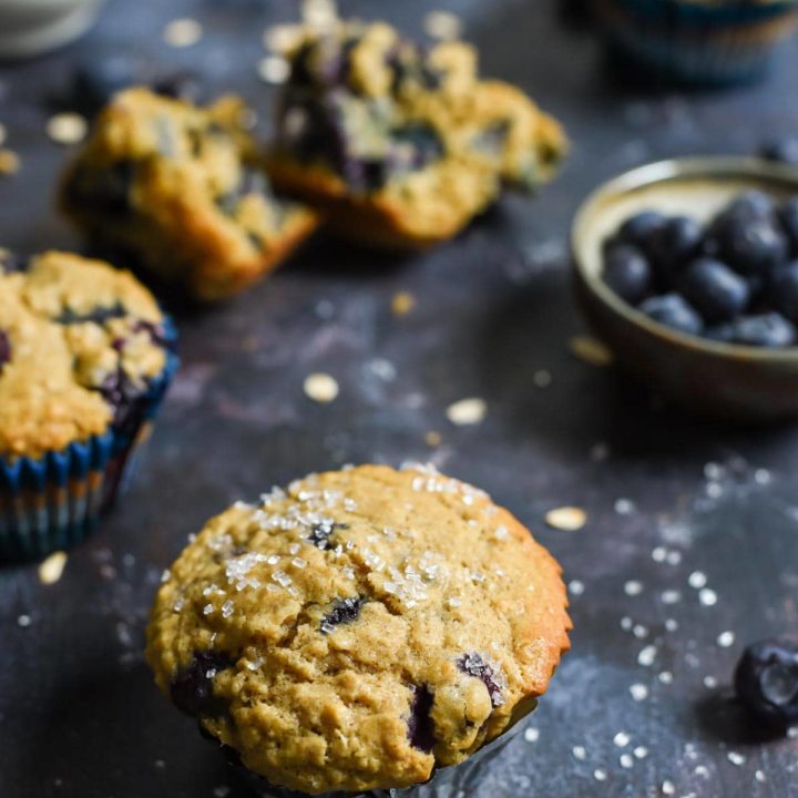 These Blueberry Oatmeal Muffins are hearty, healthy, and bursting with blueberries!