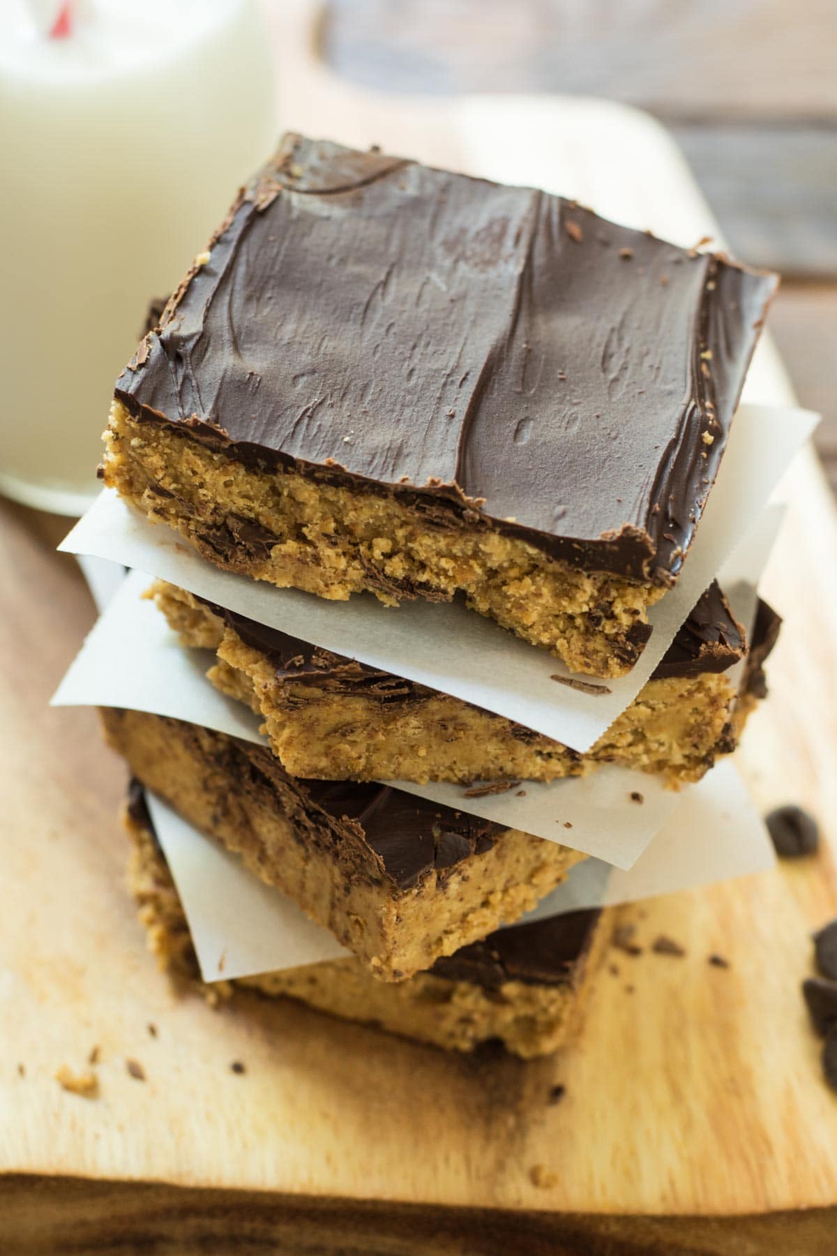 a stack of no bake peanut butter bars