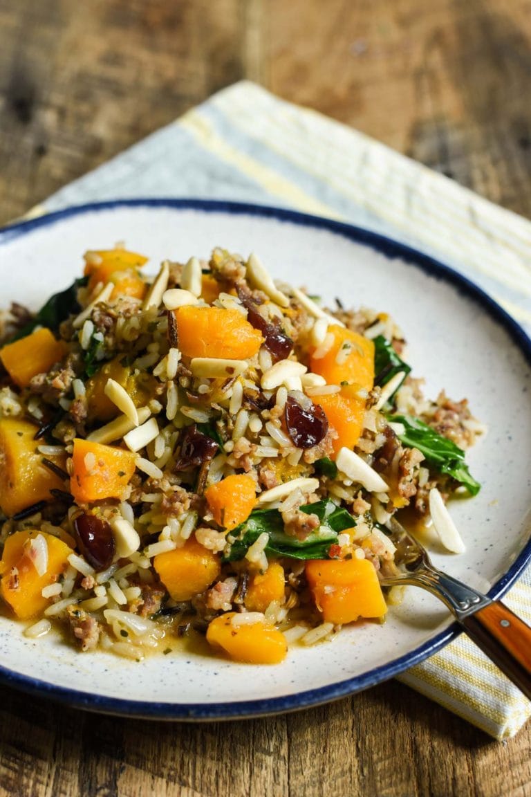 If you're looking for a quick, healthy one pot meal, try this Skillet Sausage and Rice with butternut squash, cranberries, and almonds!