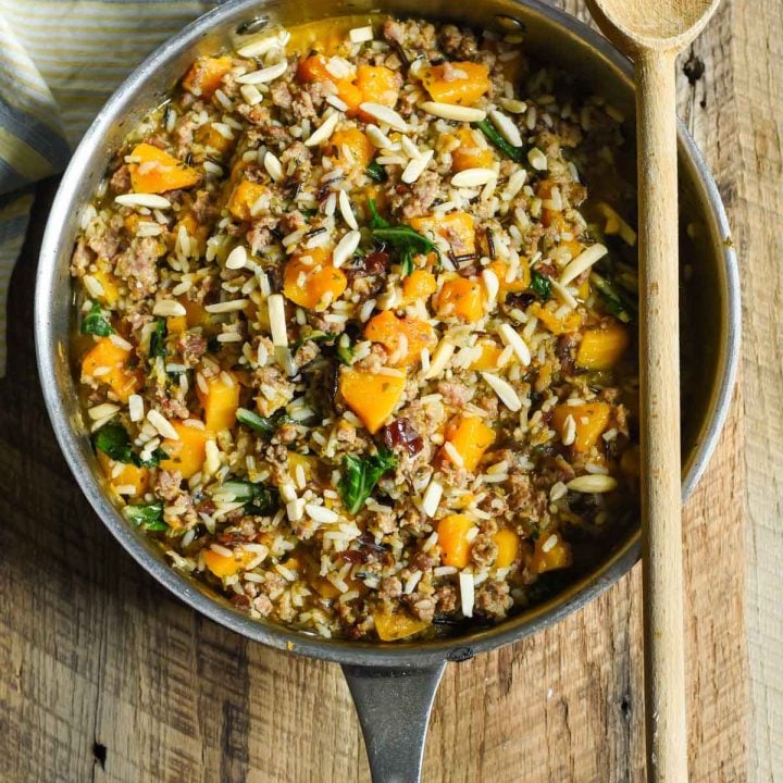 Make this Skillet Sausage and Rice with butternut squash for an easy and healthy one pot meal!