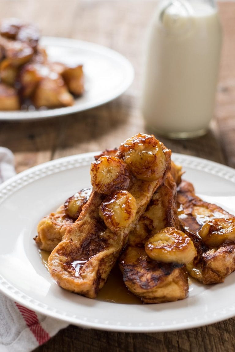 These Challah French Toast Sticks served with caramelized bananas are my favorite breakfast for lazy weekend mornings.
