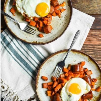 This Maple Roasted Sweet Potato and Chicken Sausage Hash is a great healthy breakfast or easy sheet pan dinner.