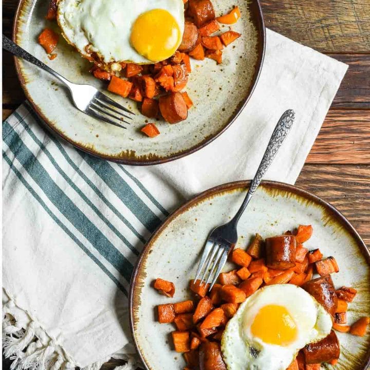 This Maple Roasted Sweet Potato and Chicken Sausage Hash is a great healthy breakfast or easy sheet pan dinner.