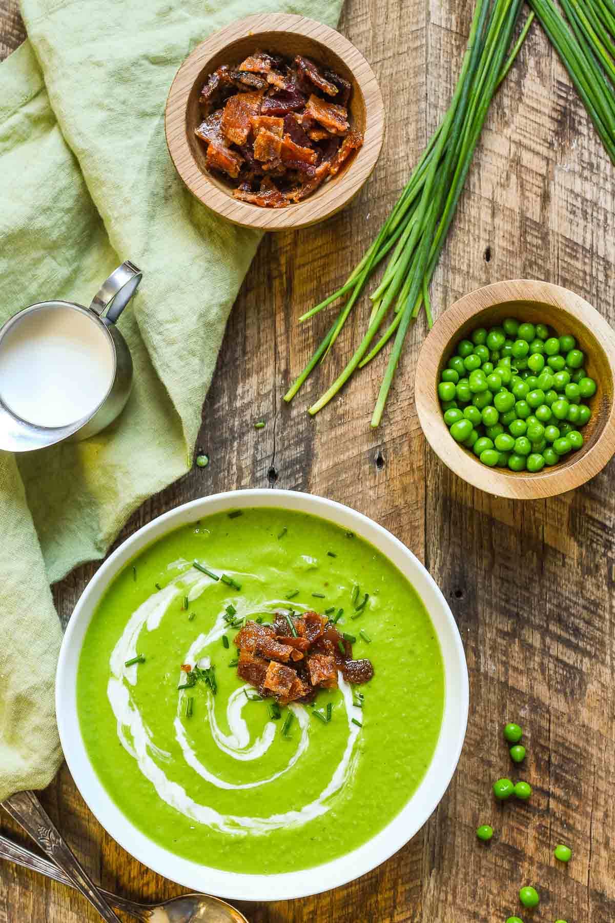 Green Pea Soup with Candied Bacon is a gorgeous, easy, and refreshing soup that's perfect for Easter or any spring occasion.