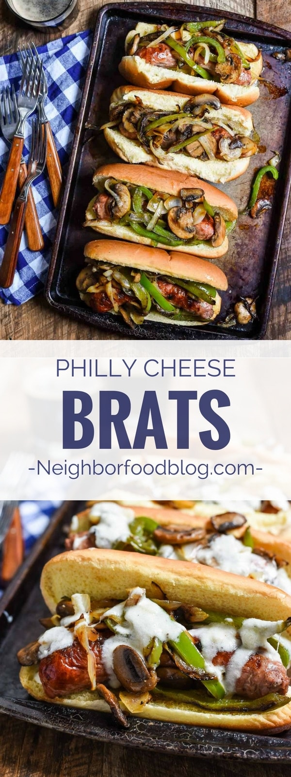 Philly Cheese Brats are loaded with green peppers, mushrooms, onions, and a smoky cheese sauce. The perfect grilled summer meal!