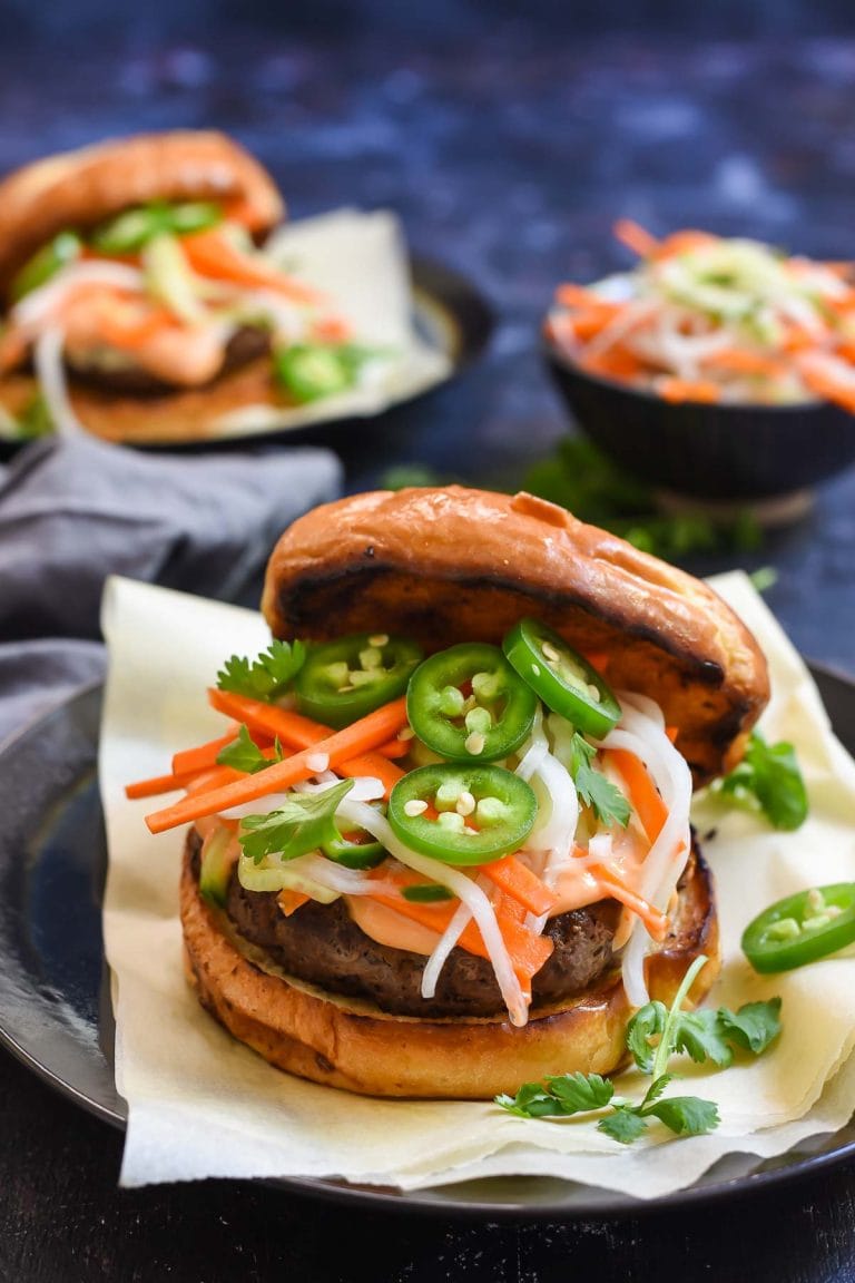 Banh Mi Burgers with Quick Pickled Carrots and Daikon