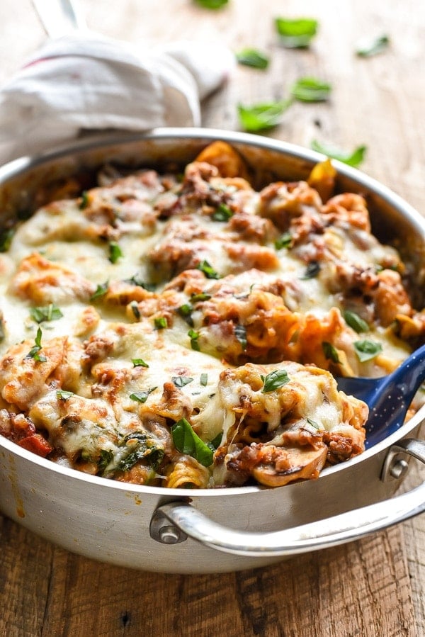 Save time and dishes with this Cheesy One Pot Tortellini and Sausage with Veggies. 
