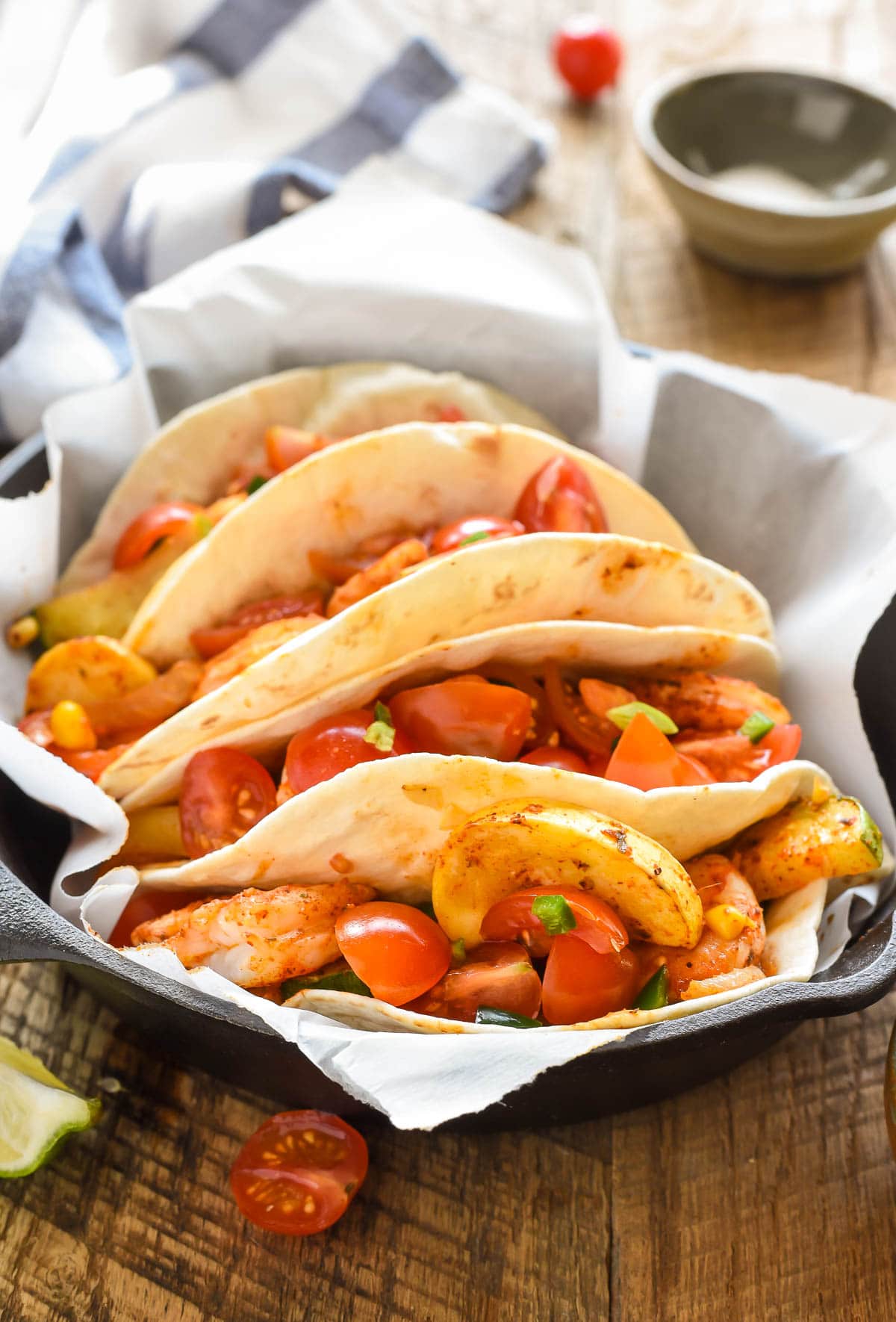 Sheet Pan Shrimp Tacos are a great way to use up those end of summer veggies!