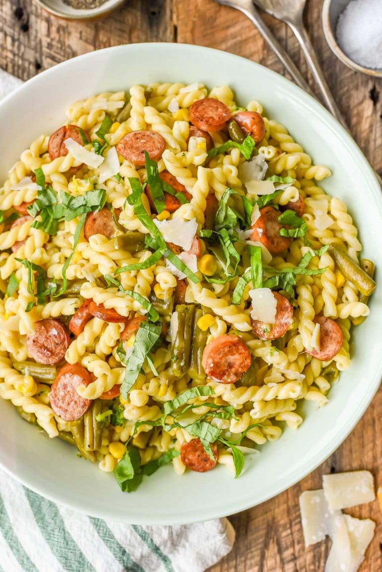 This Easy Parmesan Pasta with Chicken Sausage and Veggies is made in under 30 minutes!