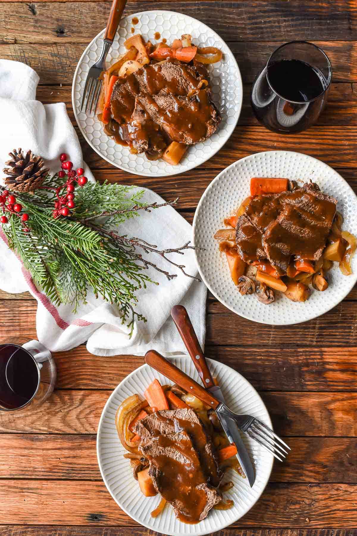 This Slow Cooker Balsamic Roast is an easy but gorgeous meal to serve for the holidays. We love it with onions, carrots, and mushrooms!