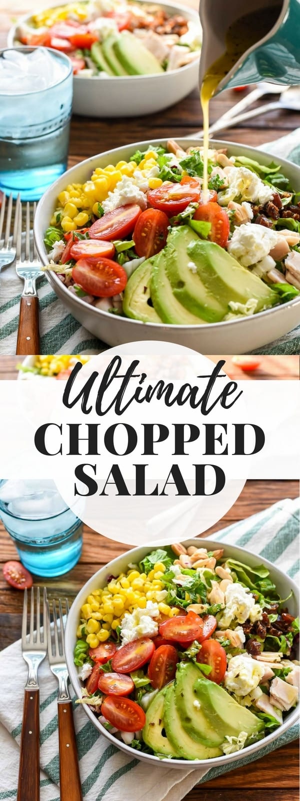 This awesome Ultimate Chopped Salad is modeled after my favorite restaurant salad with loads of avocado, goat cheese, tomatoes, dates, and corn.