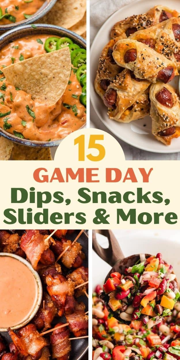 Upper left: queso dip Upper right: puff pastry pigs in a blanket Lower left: Meat candy Lower right: 3 Bean Salad