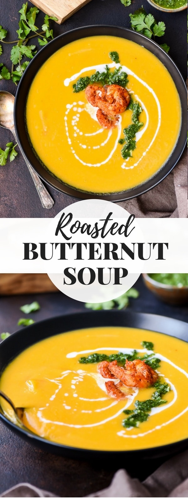 Roasted Butternut Squash Soup with a swirl of coconut milk and green herb sauce on top