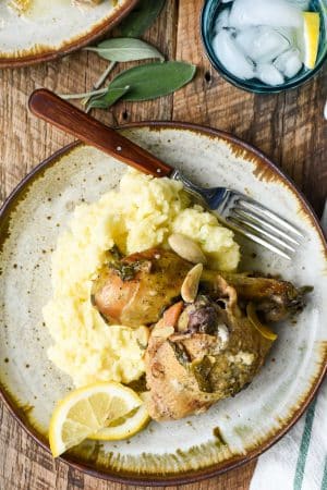 Chicken thigh and drumstick braised in coconut milk with lemon and garlic, plated over mashed potatoes.