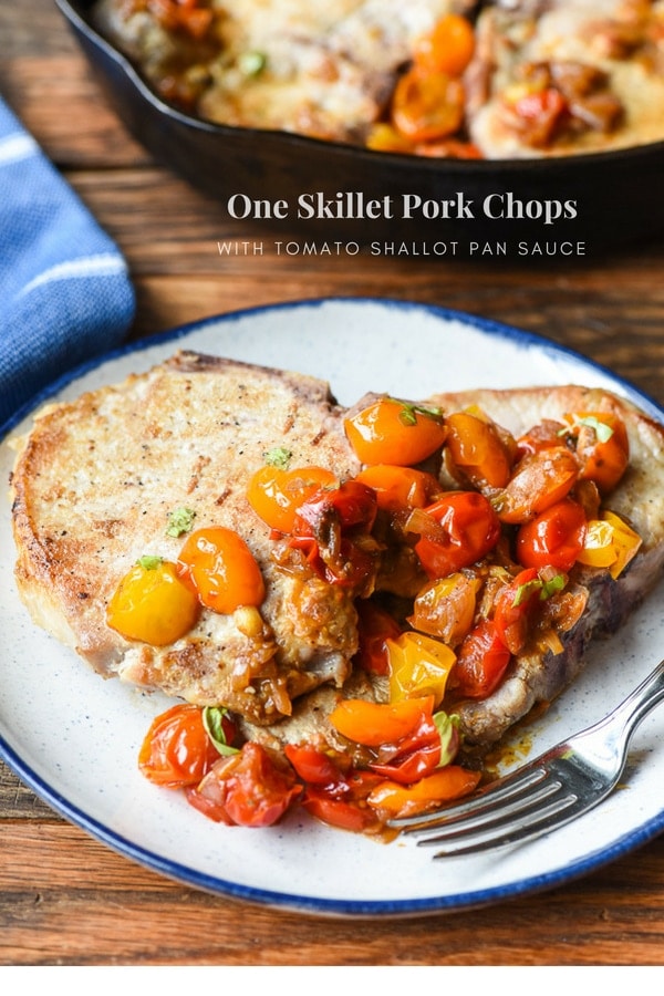 All you need is a single pan to make these Skillet Pork Chops with a sweet and tangy tomato shallot sauce. The perfect #30minutemeal for summer! #ohpork #sponsored #onepanmeal #skilletmeal #glutenfree #glutenfreerecipe #dinnerideas #porkchops