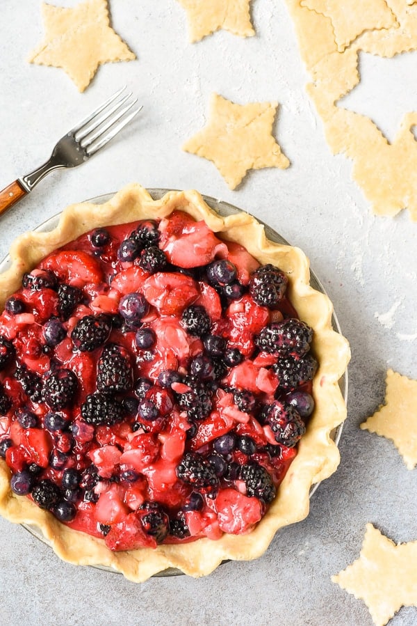 Bumbleberry pie with exposed filling