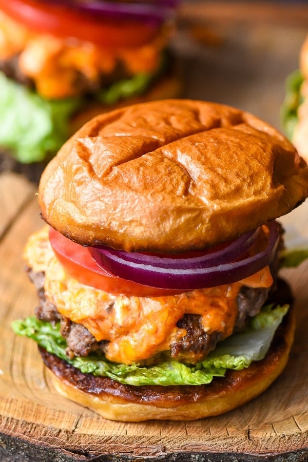 Pimento Cheese Burgers with tomato and onion slices