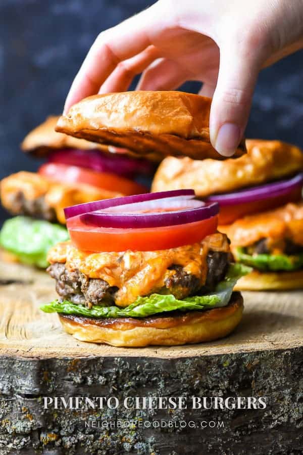 Pimento Cheese Burger with Bun being placed on top