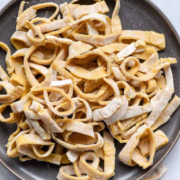 pile of homemade amish egg noodles on a plate