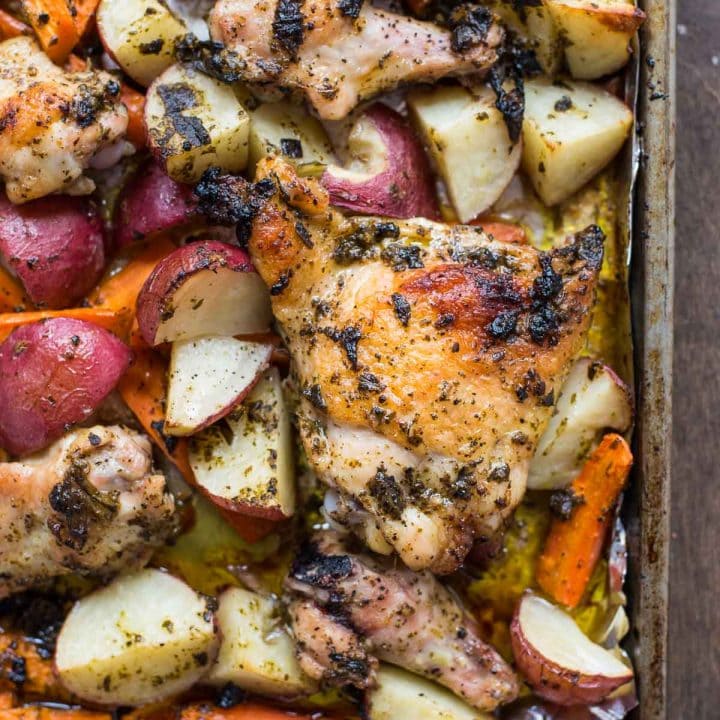 One Pan Pesto Chicken Thighs and Vegetables