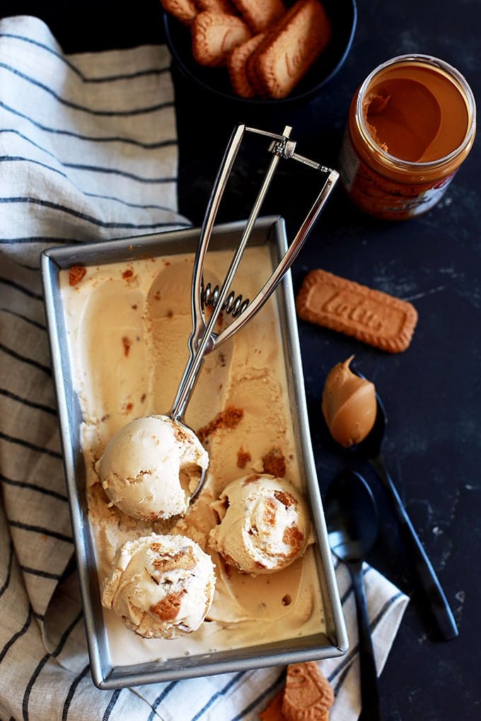 Biscoff Cookie Butter in a tin with ice cream scoop