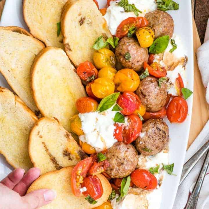 Roasted Tomatoes and Burrata with Meatballs and Crostini
