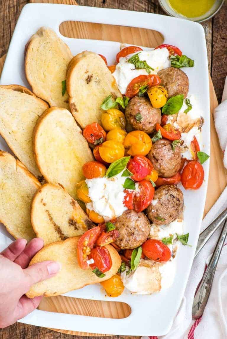 Roasted Tomatoes and Burrata with Meatballs and Crostini