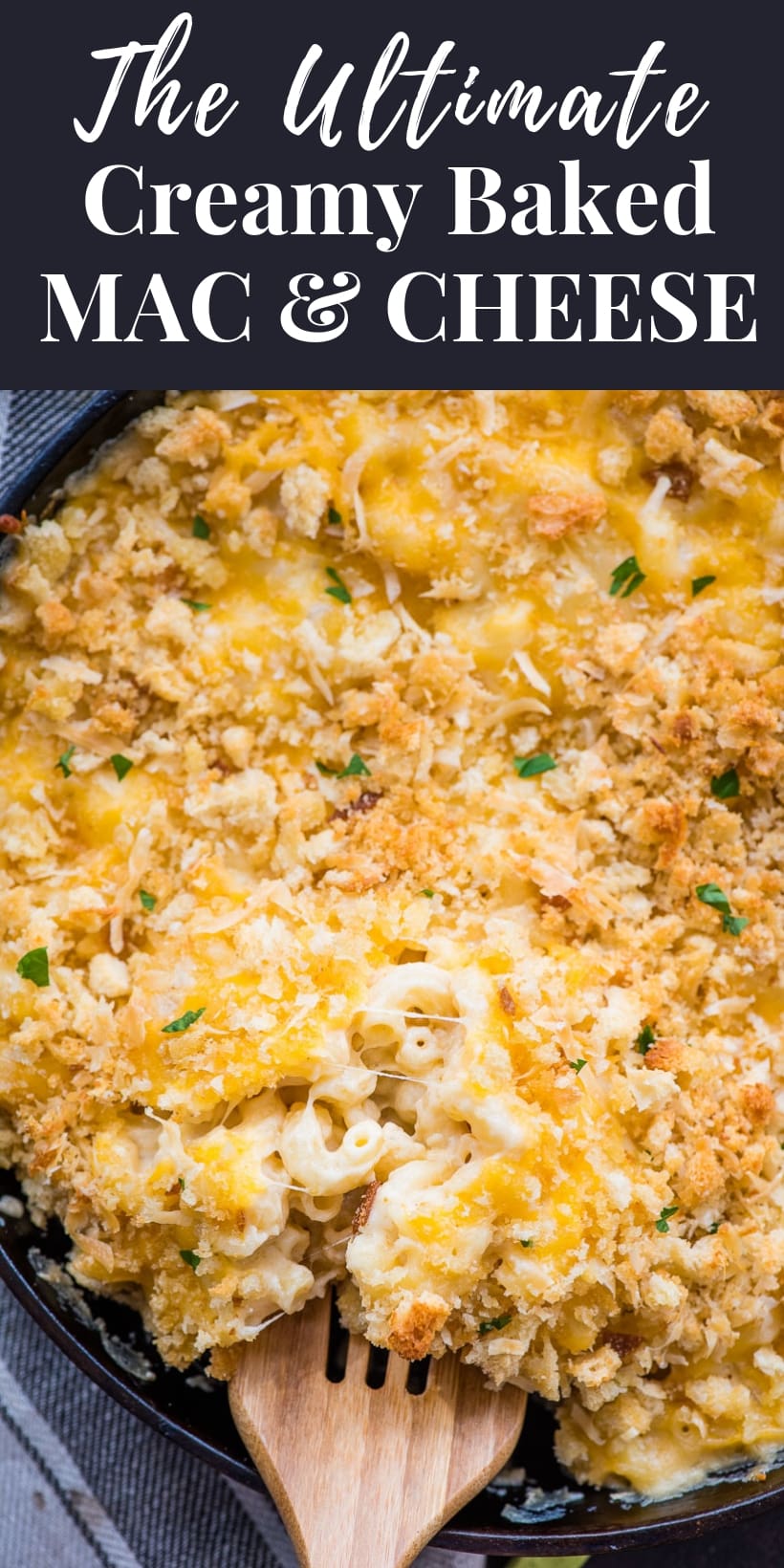 Creamy Baked Mac and Cheese in a cast iron skillet with panko topping