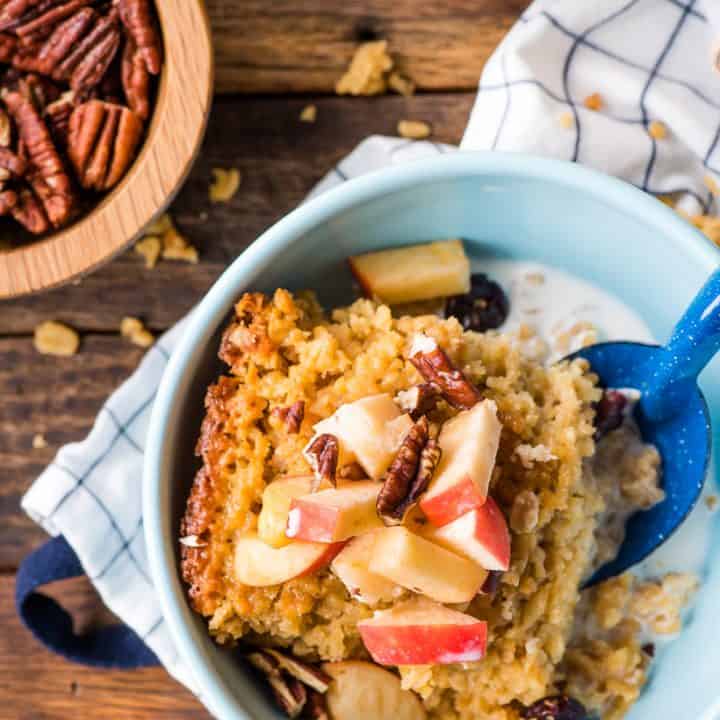 Amish Baked Oatmeal in a bowl with spoon