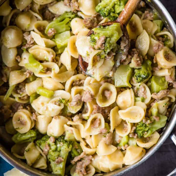 Orecchiette with Sausage and Broccoli in a stainless steel skillet