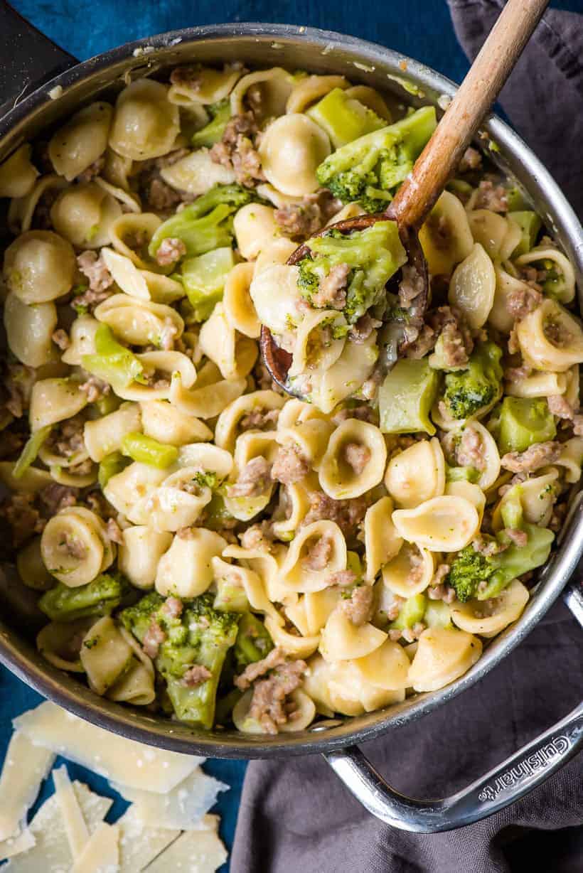 Orecchiette with Sausage and Broccoli in a stainless steel skillet