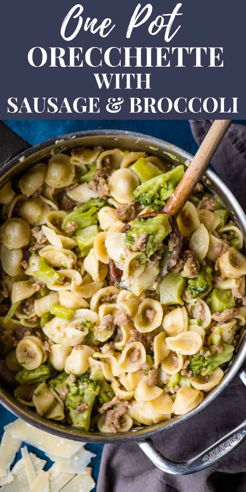 Orecchiette with Sausage and Broccoli cooked in a stainless steel skillet