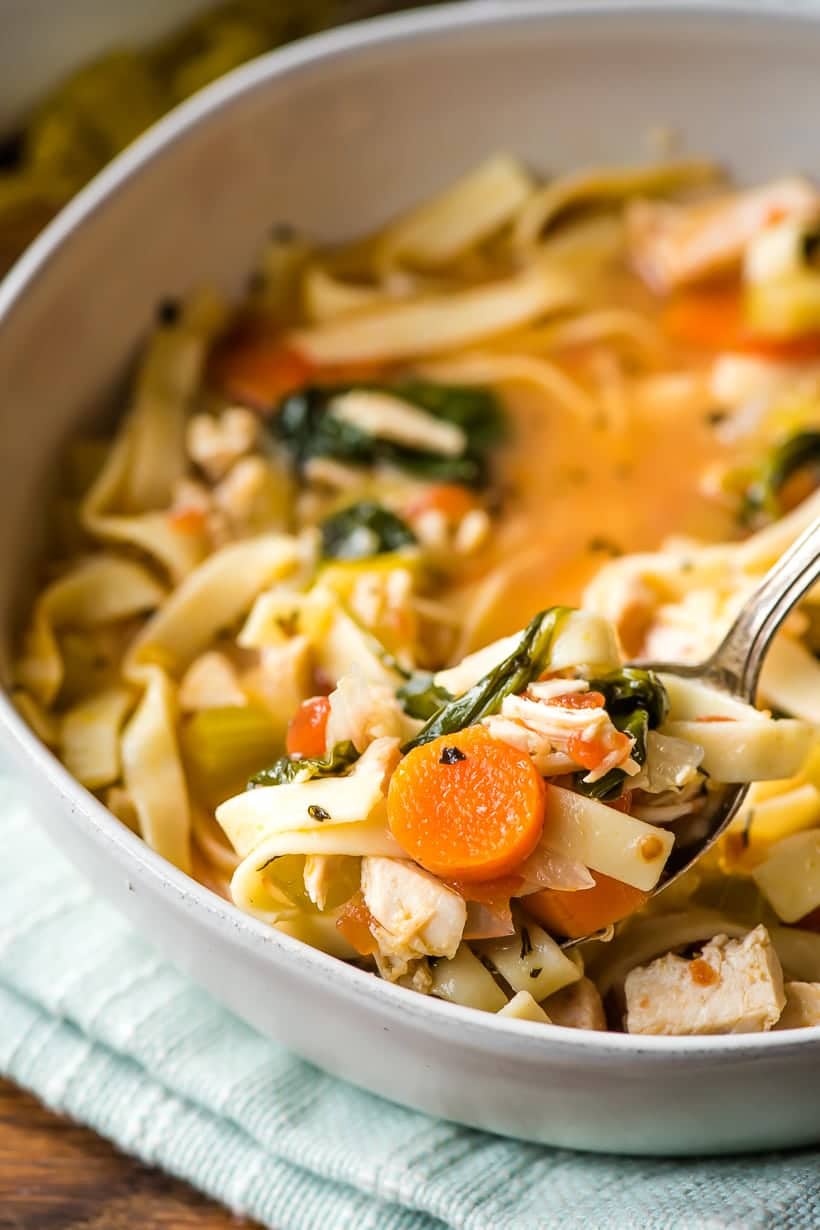 Spoonful of homemade chicken noodle soup