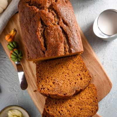 Overhead shot of slices of easy pumpkin bread