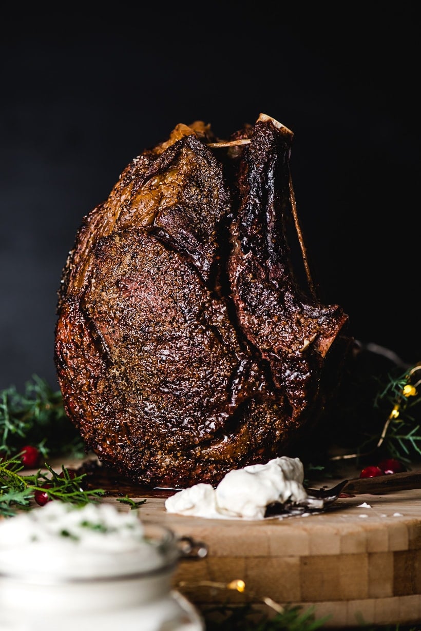 Standing prime rib roast with horseradish sauce