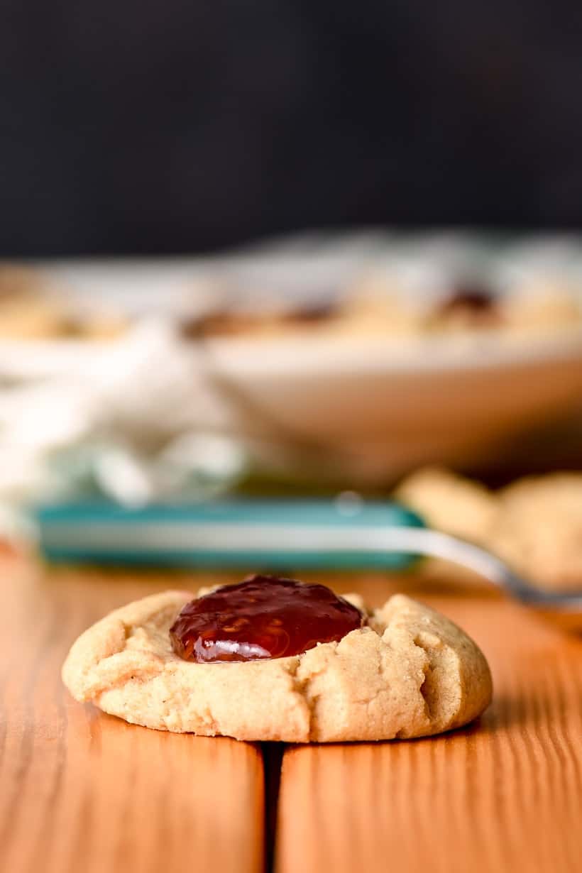 peanut butter thumbprint cookies filled with strawberry jam