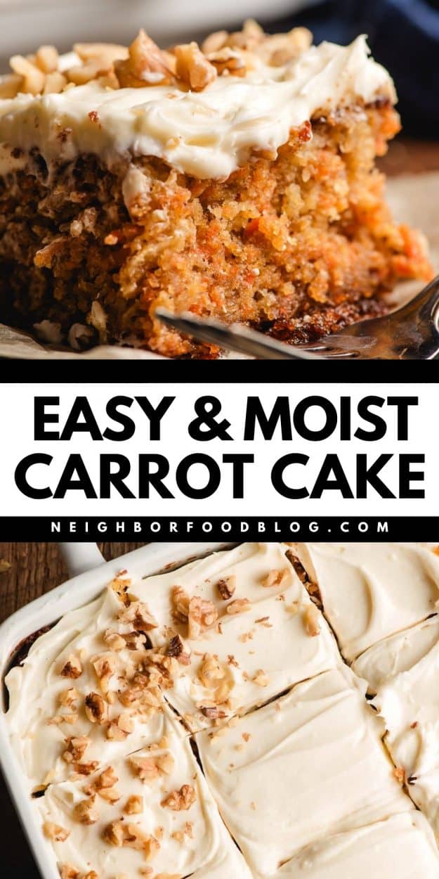 Top: Slice of cream cheese carrot sheet cake. Bottom: Cream cheese frosted carrot cake with pecans.