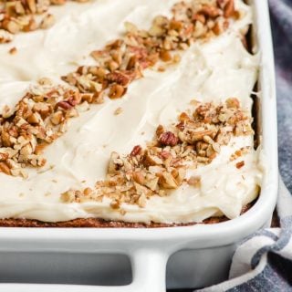 Carrot Sheet Cake in a white pan