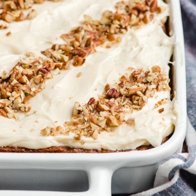 Carrot Sheet Cake in a white pan