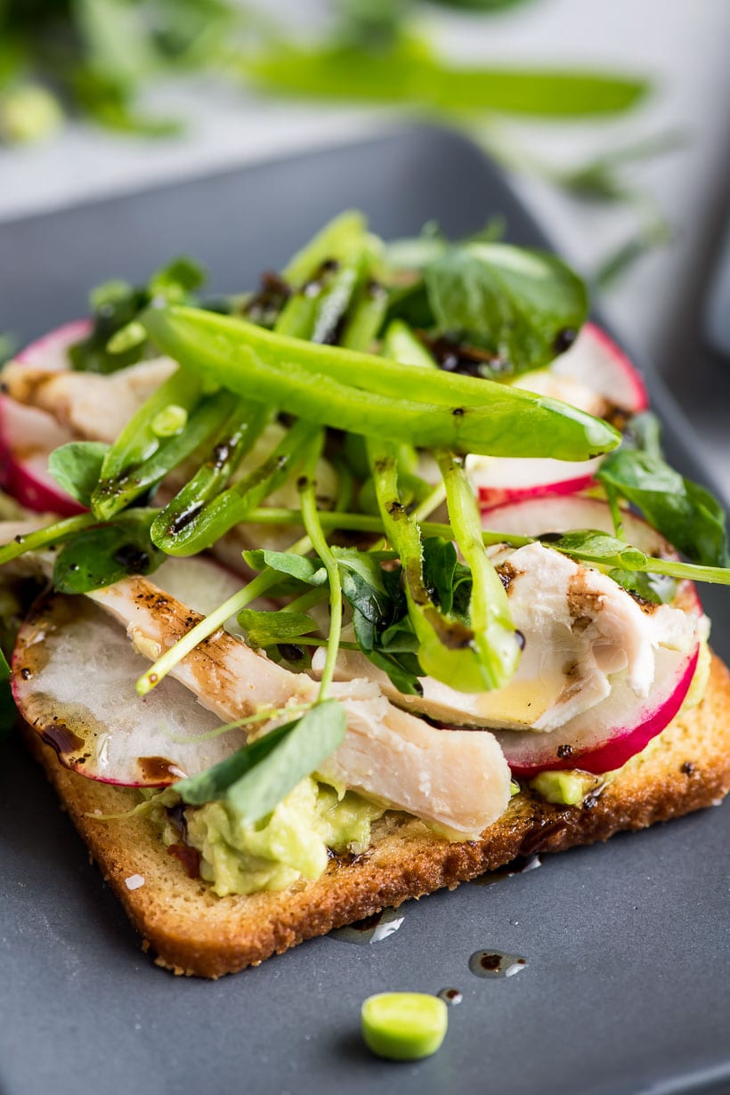 Avocado Toast with Radishes, Chicken, and Peas