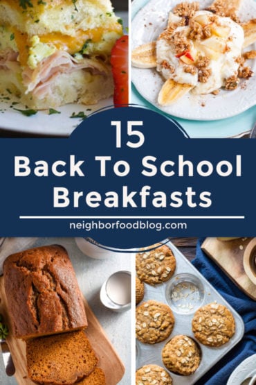 Back to school breakfast photos including pumpkin bread, apple oatmeal muffins, yogurt banana split, and egg and cheese sliders
