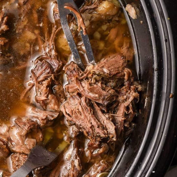 shredded beef in a slow cooker