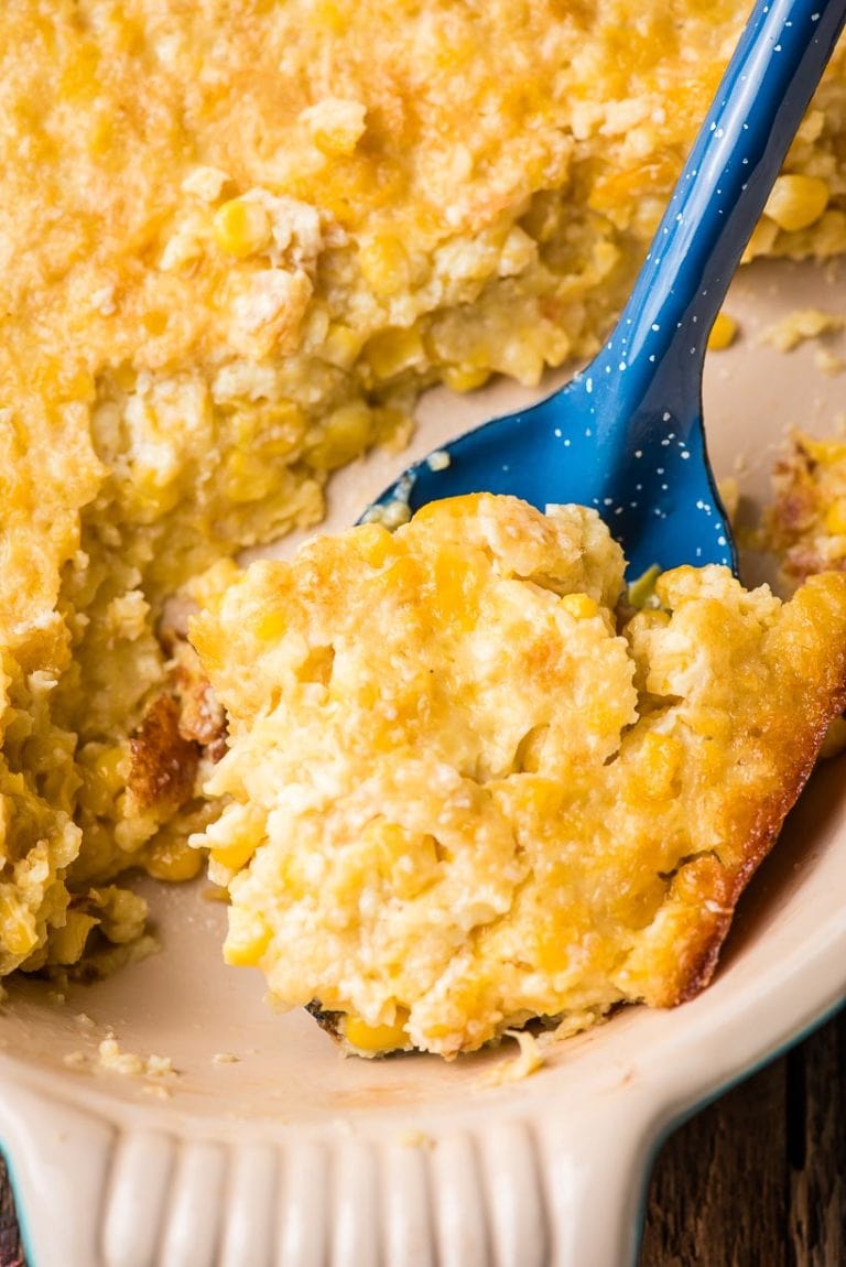 serving of corn souffle on a blue scoop