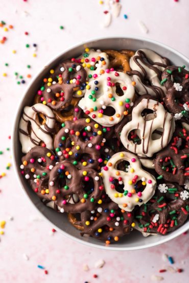 bowl of white and milk chocolate covered pretzels
