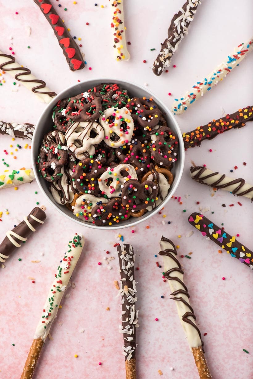 chocolate covered pretzel twists and rods with sprinkles