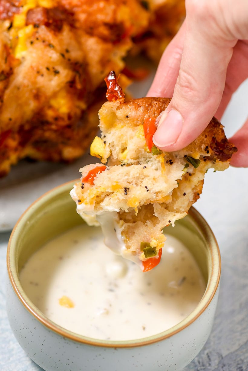Dipping Ham and Cheese Monkey Bread in Ranch Dressing